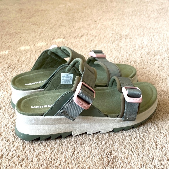 Merrell Alpine Cush Slide Wedge Sandal Women’s 7 Lichen Green EUC Outdoor Casual - Picture 1 of 13